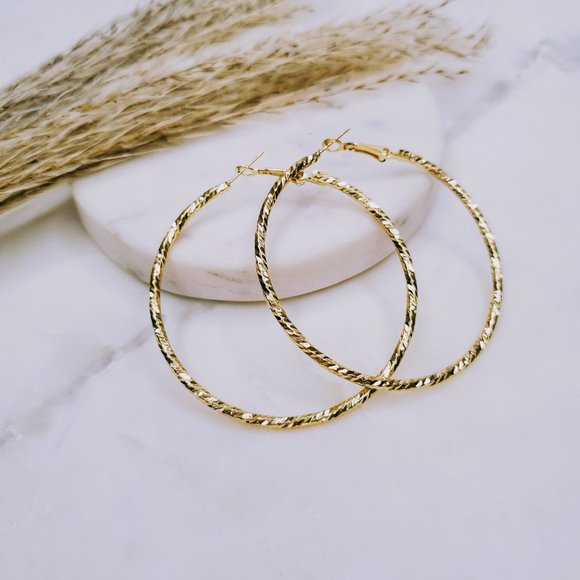 5 for $25 Gold Color Textured Metal Hoop Earrings - Picture 2 of 5